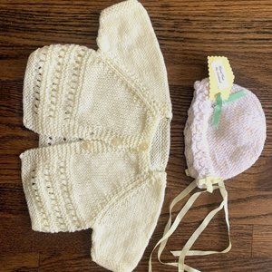 infant white/subtle pink sweater and hat set